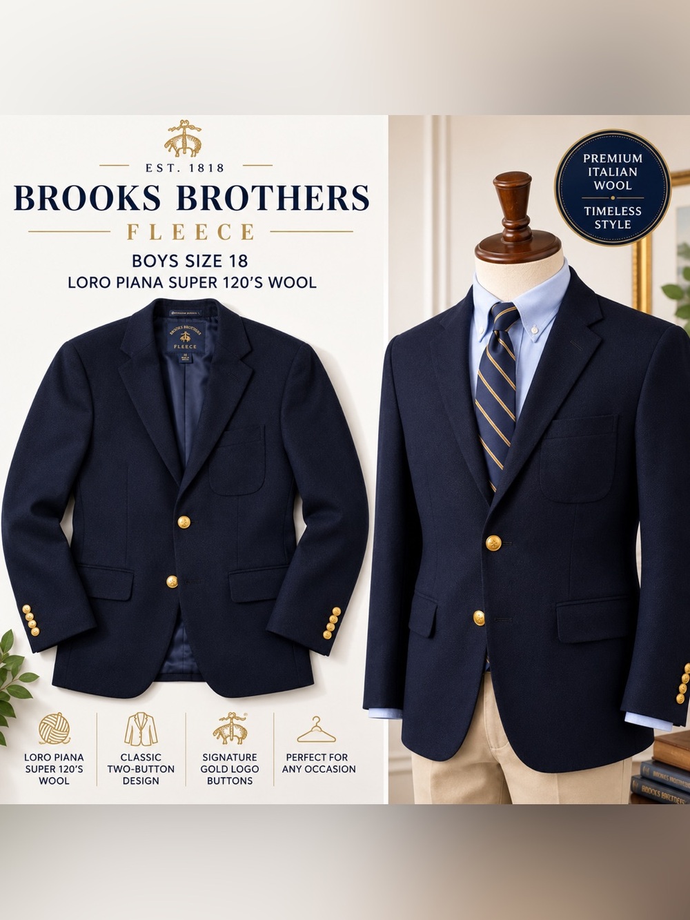 Brooks Brothers Fleece Boys 18 Navy Wool Blazer Loro Piana Gold Buttons